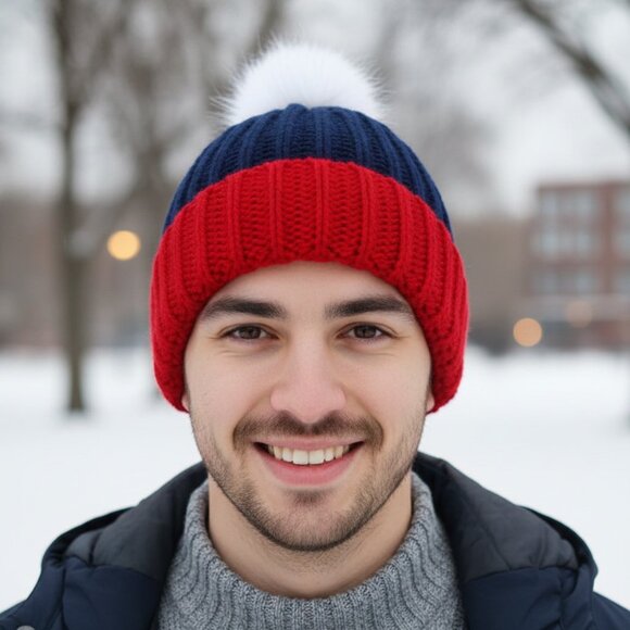 Handmade Accessories - Winter Pom-Pom Beanie - Navy Red & White Football Fan Hat - 100% Acrylic New